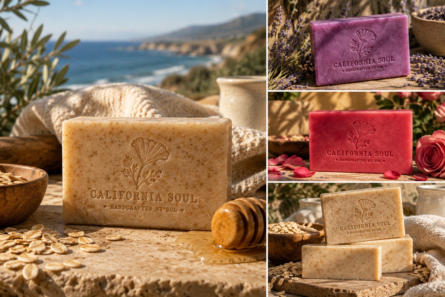 California Soul artisan goat milk, lavender and rose soap collection photographed in coastal settings