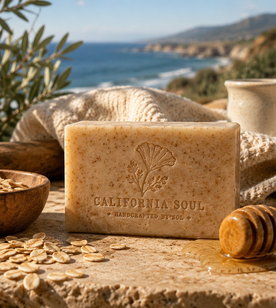 California Soul bestselling milk, honey and oatmeal goat milk soap photographed against the Southern California coast