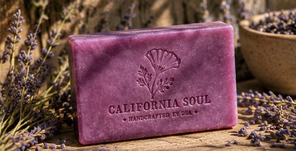 California Soul handcrafted lavender soap, purple bar with lavender sprigs