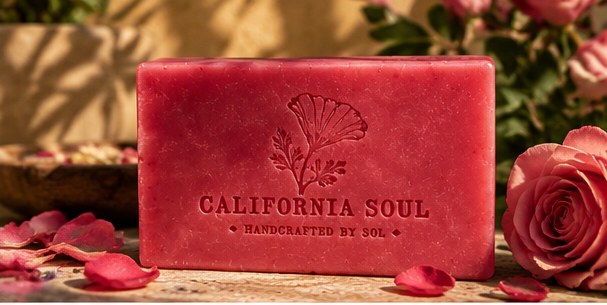 California Soul handcrafted rose soap, red bar with rose petals